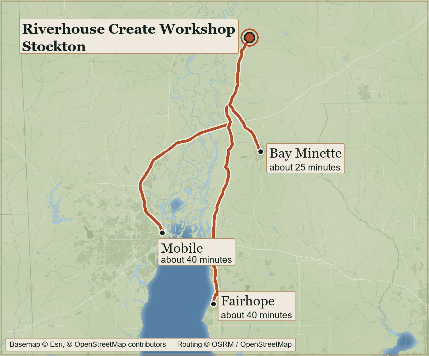 Map of the drive to Riverhouse Create at Stockton, with the roads in from Mobile, Fairhope and Bay Minette marked