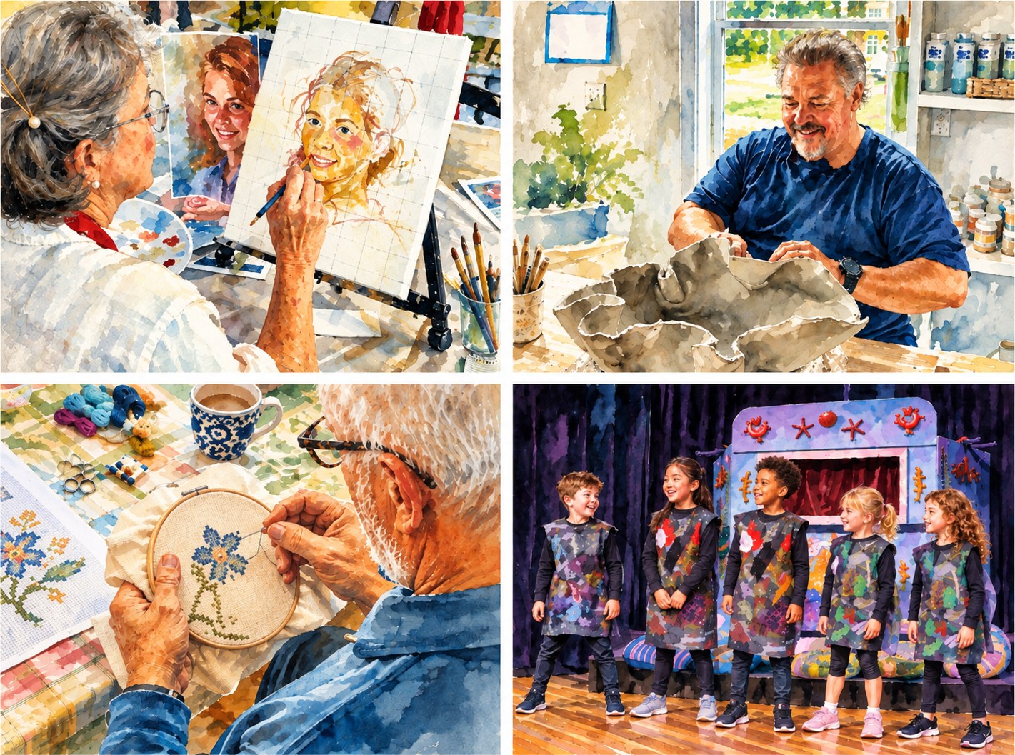 Watercolor of the four Riverhouse studios: a painter working a portrait at her easel, a potter lifting a wide clay bowl, a stitcher working a flower in an embroidery hoop, and five children in costume on the stage